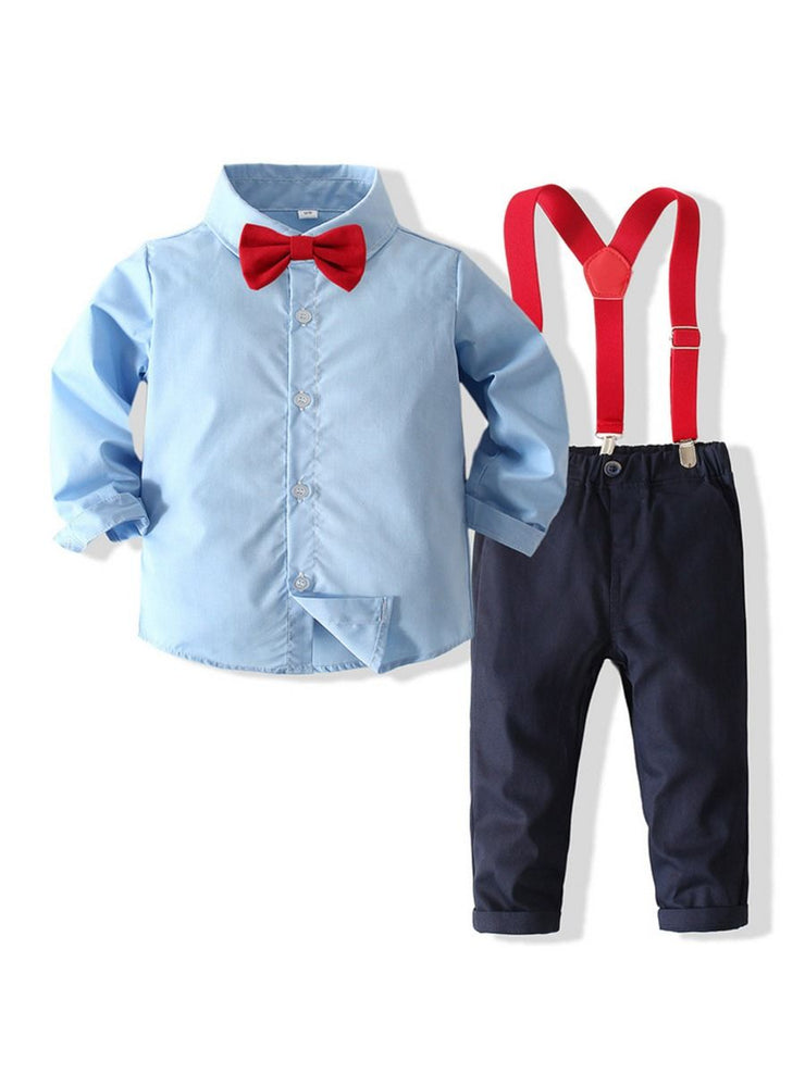 Boys Suit Sets Solid Color Bowtie Shirt & Suspender Pants