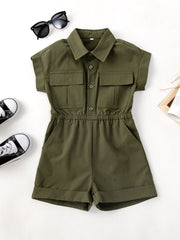 Lapel Collar Pocket Girls Rompers And Jumpsuits