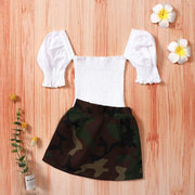 Frill Trim Off-Shoulder Puff Sleeve Top & Camo Skirts Sets