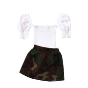 Frill Trim Off-Shoulder Puff Sleeve Top & Camo Skirts Sets