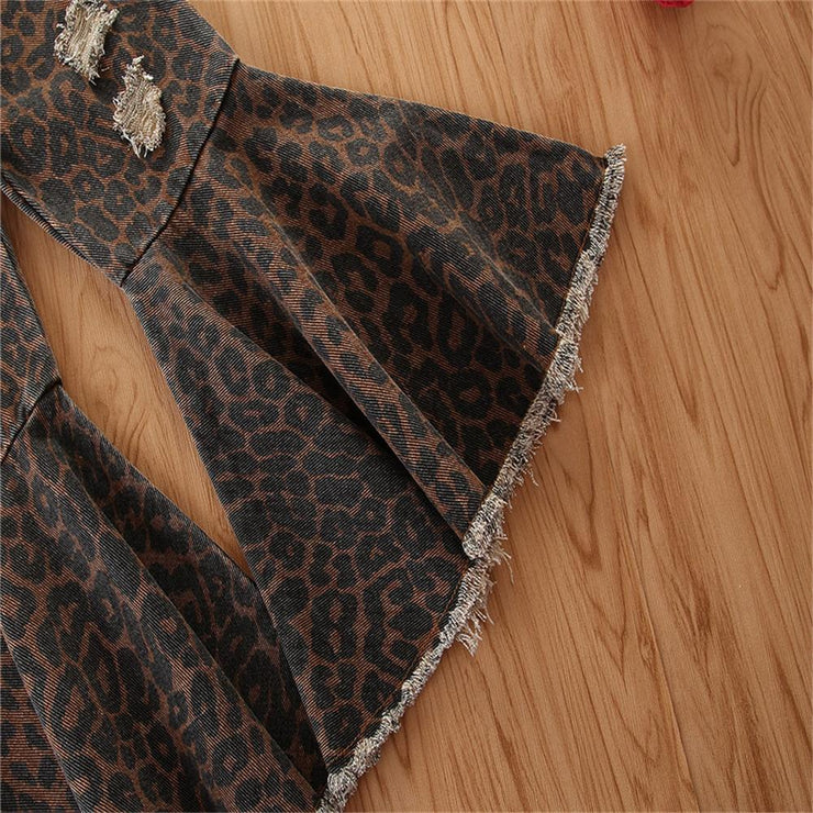 Girls Denim Leopard Flared Ripped Wide Leg Pant