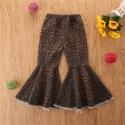 Girls Denim Leopard Flared Ripped Wide Leg Pant