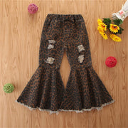 Girls Denim Leopard Flared Ripped Wide Leg Pant