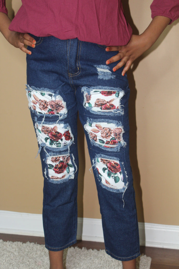 Burgundy & White Floral Distressed Denim Set