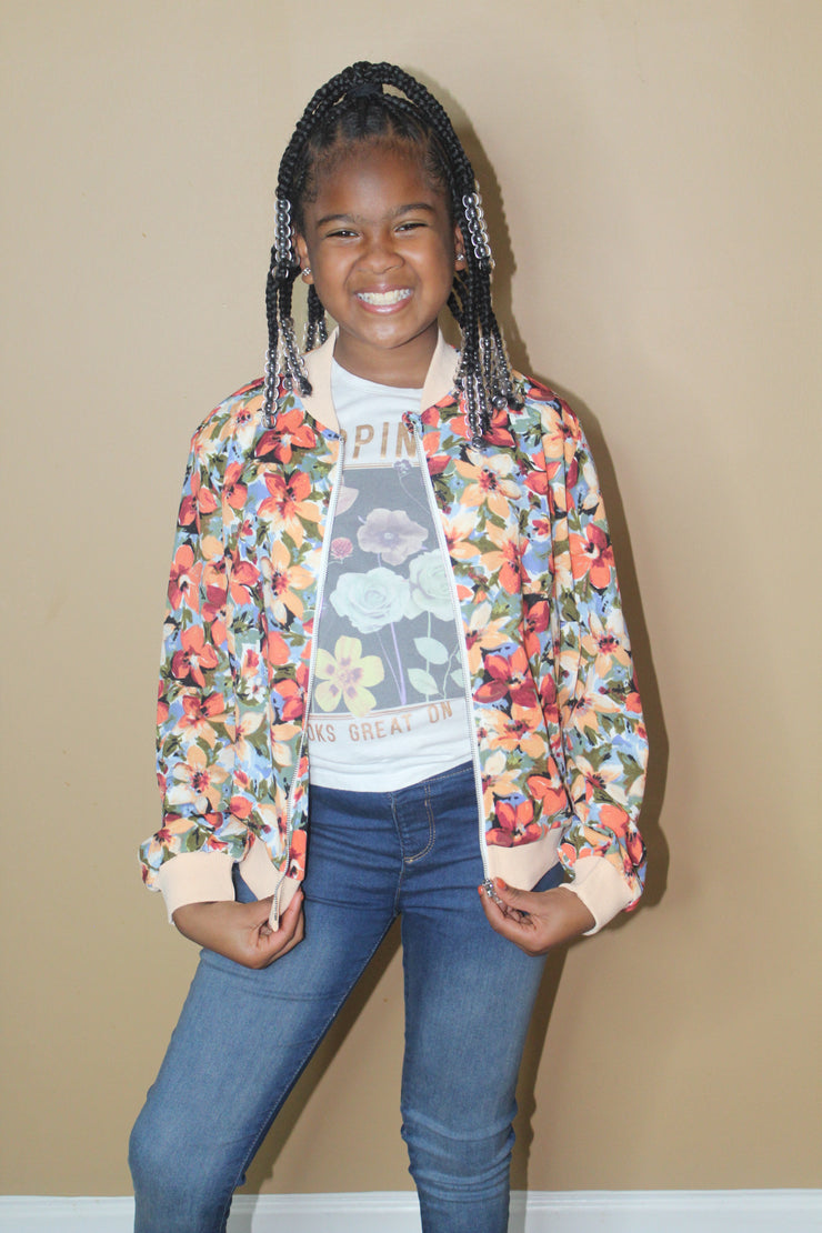 Girls Allover Floral Print Bomber Jacket