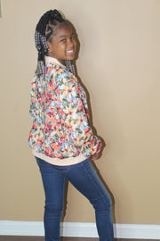 Girls Allover Floral Print Bomber Jacket