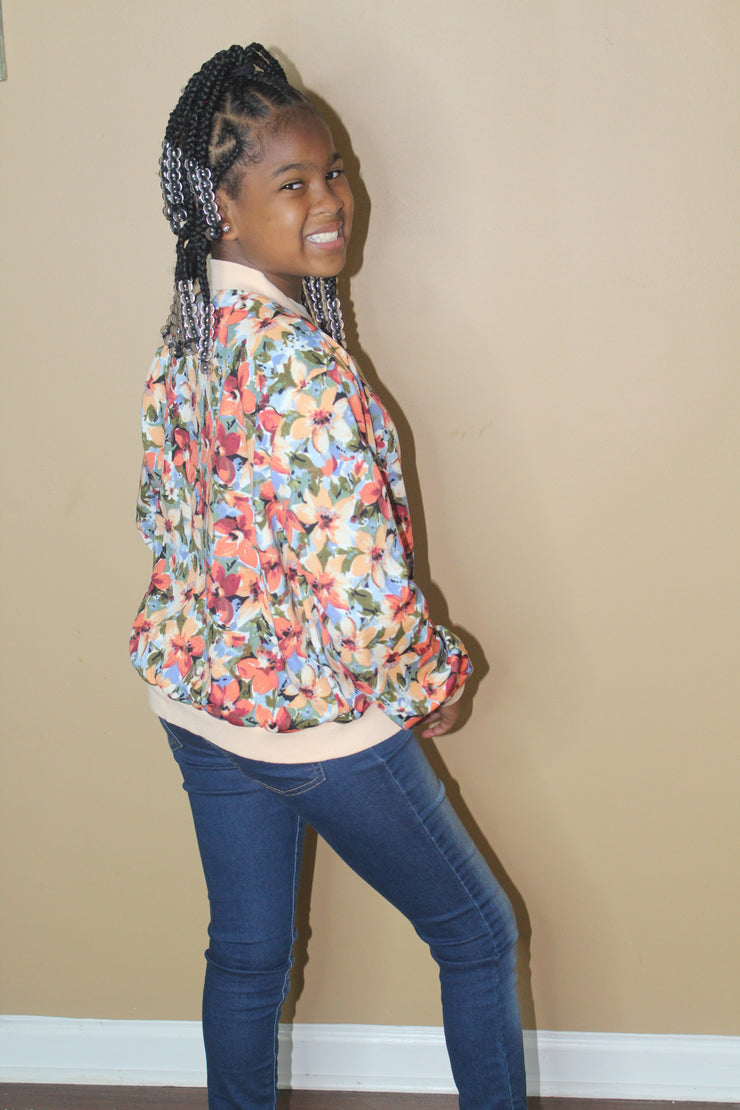 Girls Allover Floral Print Bomber Jacket