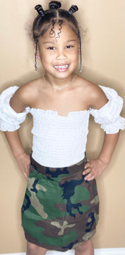 Frill Trim Off-Shoulder Puff Sleeve Top & Camo Skirts Sets