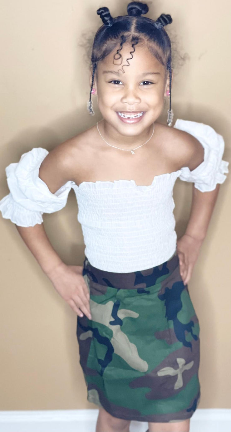 Frill Trim Off-Shoulder Puff Sleeve Top & Camo Skirts Sets