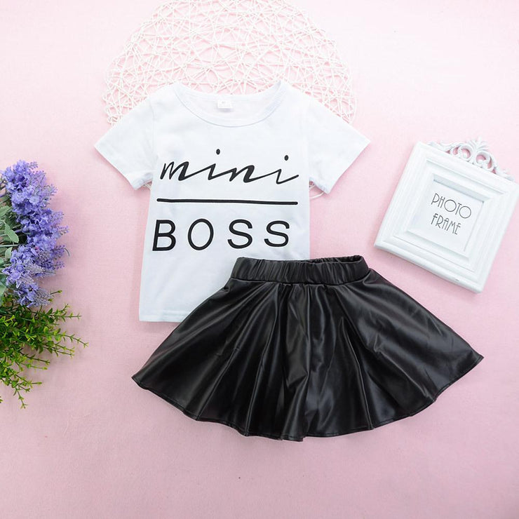 Girls Mini Boss Short Sleeve Top & PU Skirt Kids Clothing