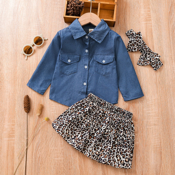 Girl's Fashion Denim Jacket + Leopard Printed Gauze Skirt Set Baby Girl