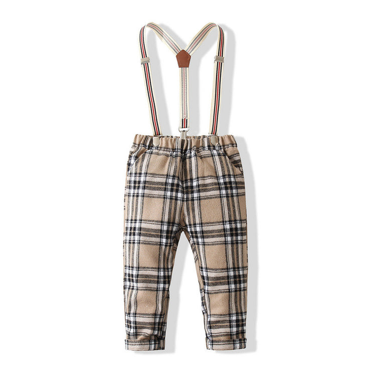 Shirt With Bow Tie And Checked Overalls Boys Sets