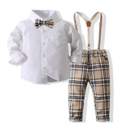 Shirt With Bow Tie And Checked Overalls Boys Sets