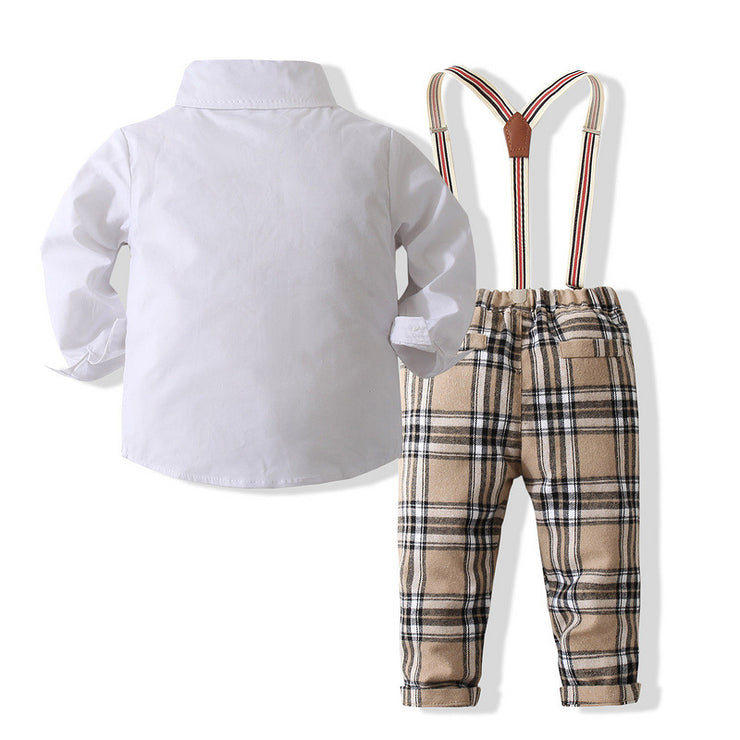 Shirt With Bow Tie And Checked Overalls Boys Sets