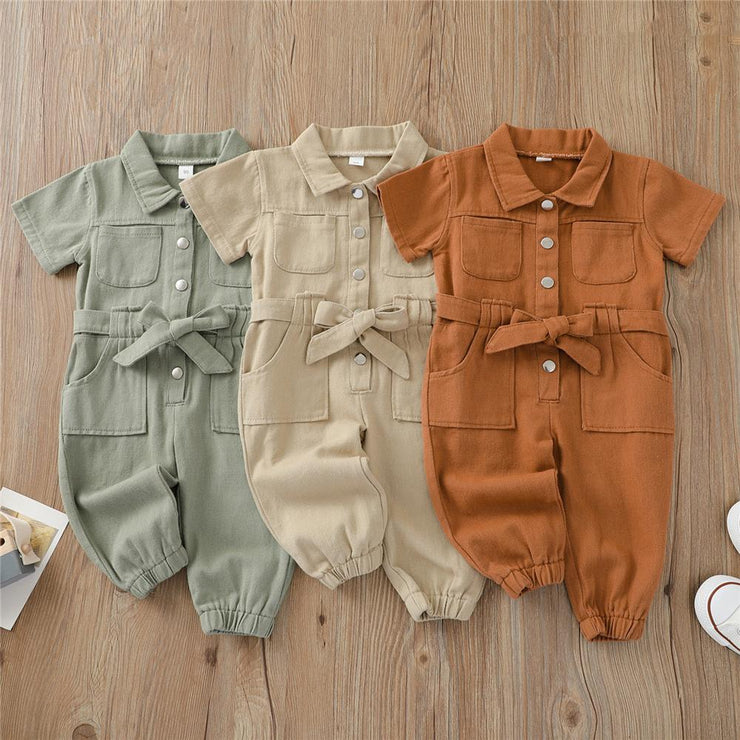 Girls Solid Short Sleeve Pocket Jumpsuit kids