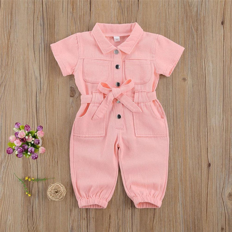 Girls Solid Short Sleeve Pocket Jumpsuit kids