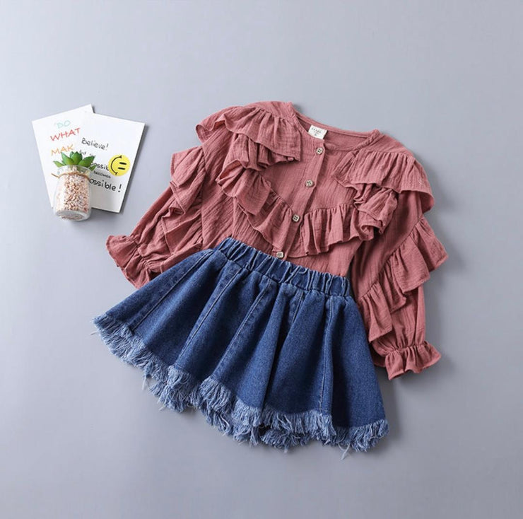 Girls Solid Color Shirt & Denim Skirt