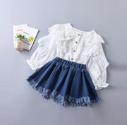 Girls Solid Color Shirt & Denim Skirt