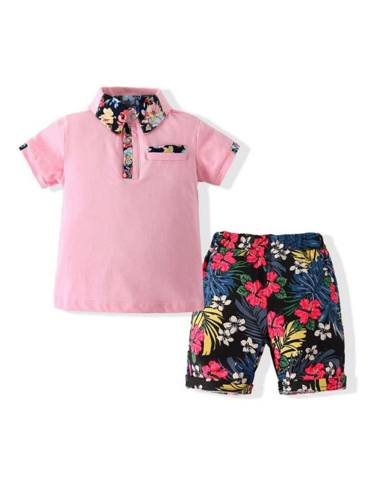 Two Piece Floral Graphic Outfit, Polo Shirt and Shorts