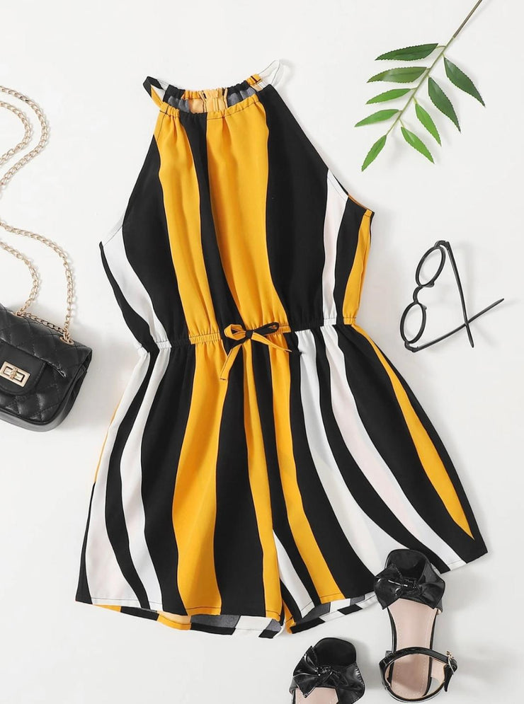 Girls Knot Waist Color block Halter Romper