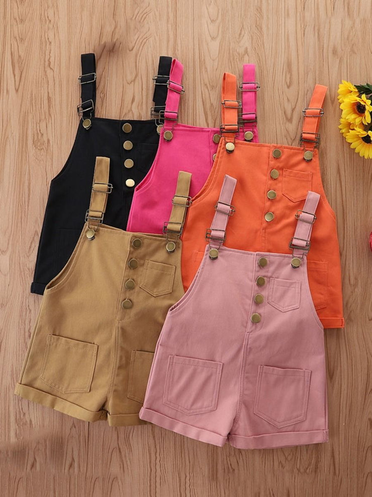 Girls Solid Color Pocket suspender Jumpsuit