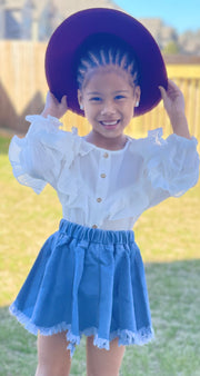 Girls Solid Color Shirt & Denim Skirt