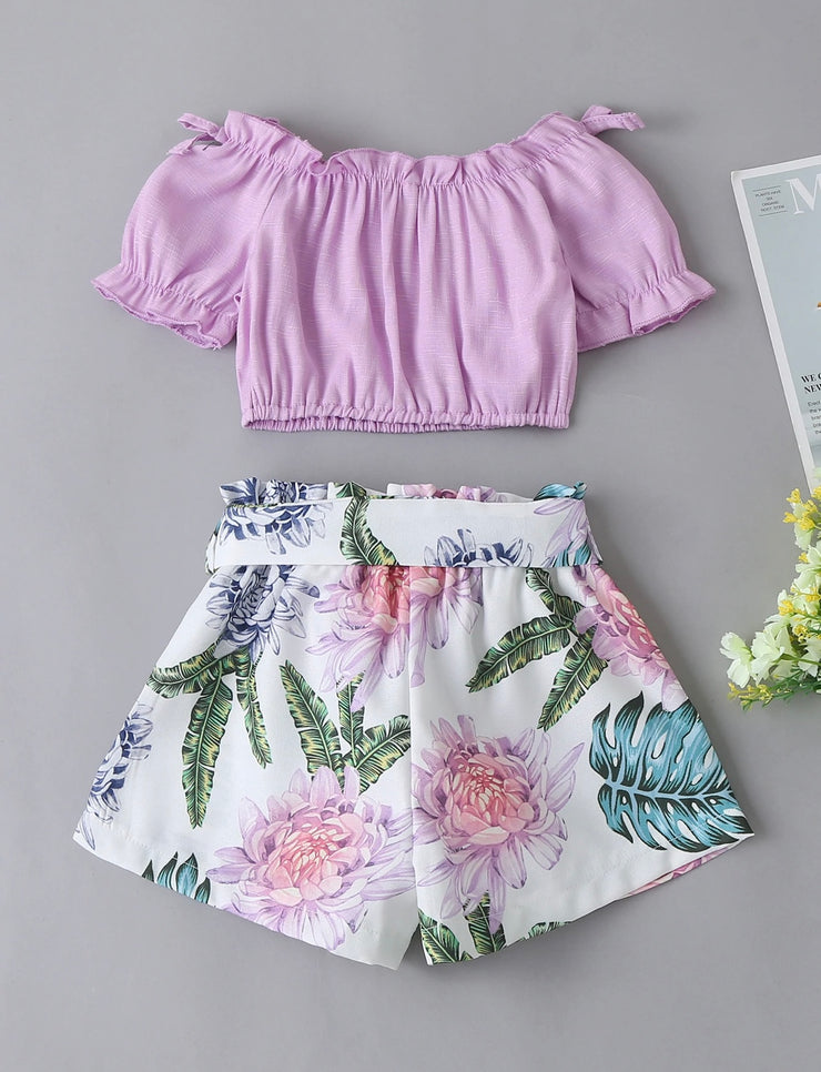 Girls Short Sleeve Off Shoulder Purple Top & Floral Shorts