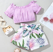 Girls Short Sleeve Off Shoulder Purple Top & Floral Shorts