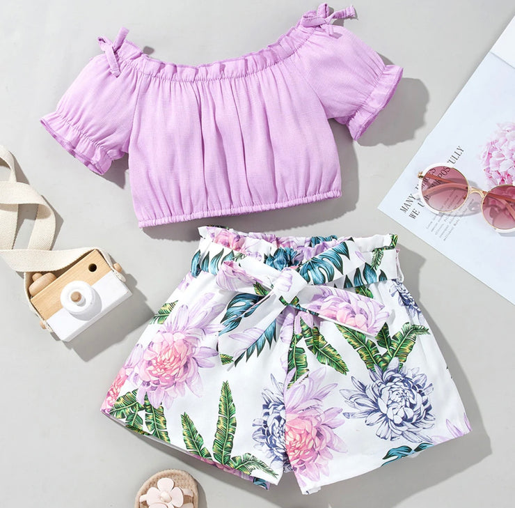 Girls Short Sleeve Off Shoulder Purple Top & Floral Shorts