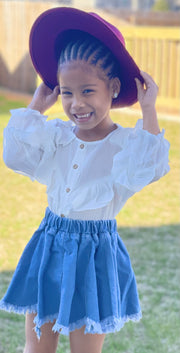 Girls Solid Color Shirt & Denim Skirt