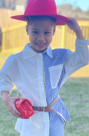 Girl Striped Color Block Belted Blouse