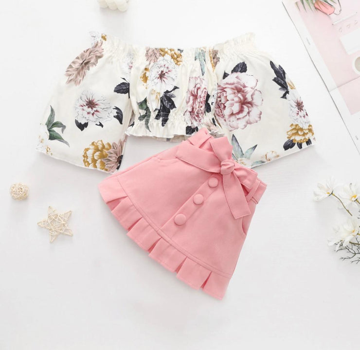 Girls Two Piece Floral off Shoulder Crop Top & Bow Skirt