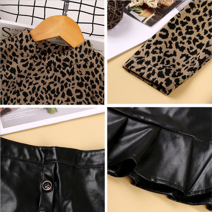 Girls Spring and Autumn Long Sleeve Leopard Top+PU Leather Skirt Set