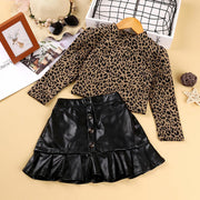 Girls Spring and Autumn Long Sleeve Leopard Top+PU Leather Skirt Set