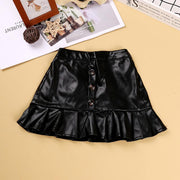 Girls Spring and Autumn Long Sleeve Leopard Top+PU Leather Skirt Set