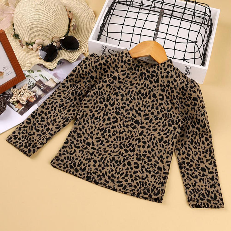 Girls Spring and Autumn Long Sleeve Leopard Top+PU Leather Skirt Set