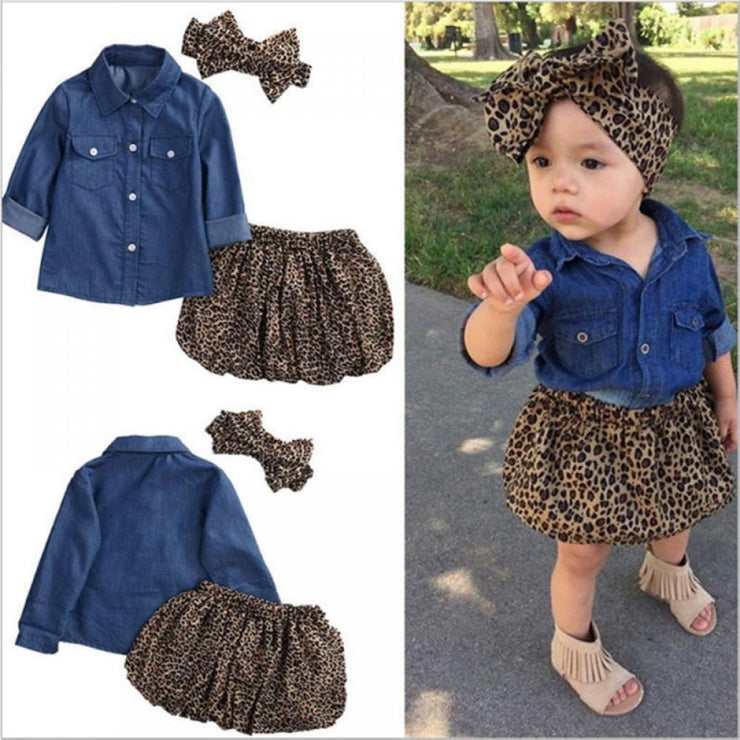 Girl's Fashion Denim Jacket + Leopard Printed Gauze Skirt Set Baby Girl