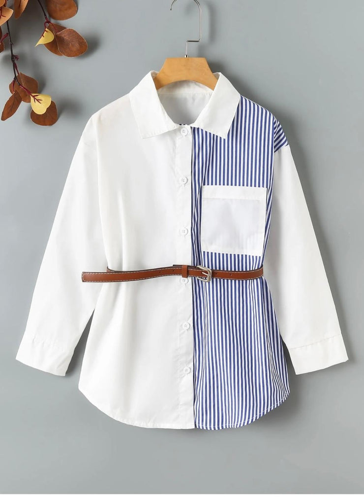 Girl Striped Color Block Belted Blouse